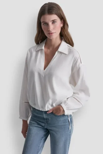 Camisa de cuello en V de mezcla de lino