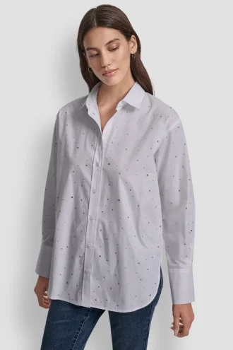 Camisa de popelín de manga larga con botones y pedrería