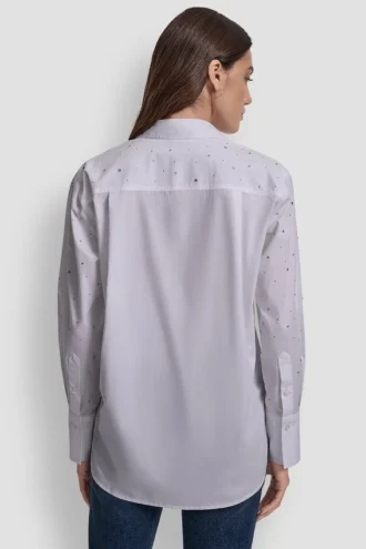 Camisa de popelín de manga larga con botones y pedrería