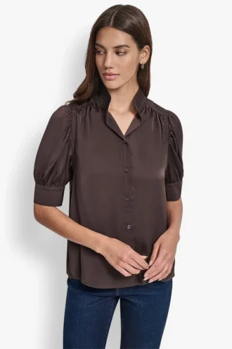 Camisa sin cuello con mangas abullonadas