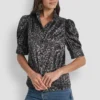 Camisa sin cuello con mangas abullonadas Camisa sin cuello con mangas abullonadas