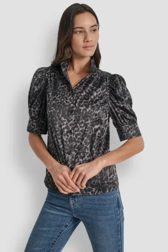 Camisa sin cuello con mangas abullonadas