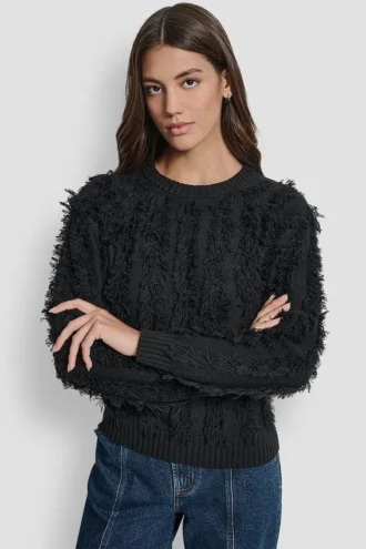 Jersey de manga larga y cuello redondo con costuras con flecos Jersey de manga larga y cuello redondo con costuras con flecos