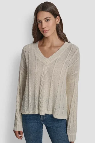 Jerséis de cuello en V con trenzado tipo mohair