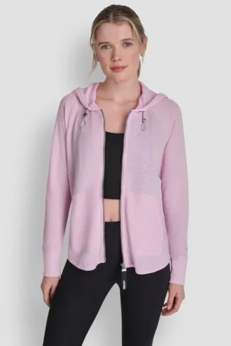 Sudadera con capucha y cremallera completa de tejido mini waffle
