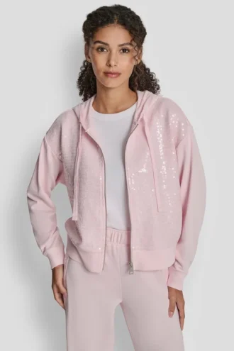 Sudadera con capucha y cremallera con lentejuelas