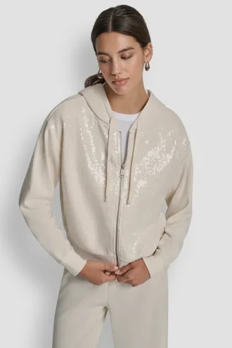 Sudadera con capucha y cremallera con lentejuelas