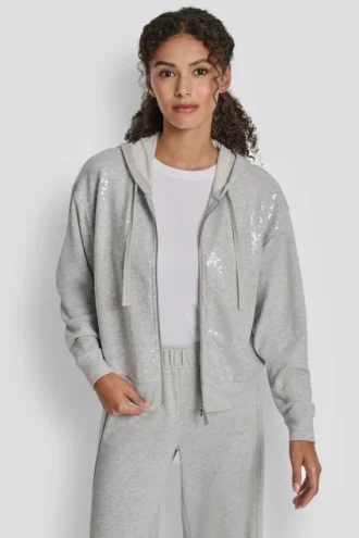Sudadera con capucha y cremallera con lentejuelas