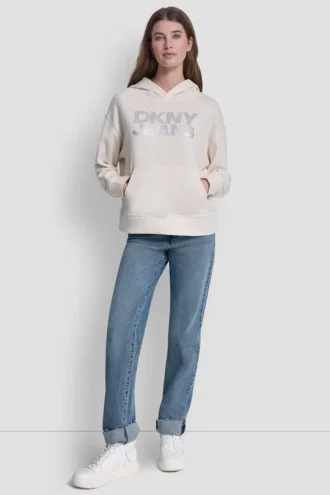 Sudadera con capucha y logotipo de pedrería superpuesto