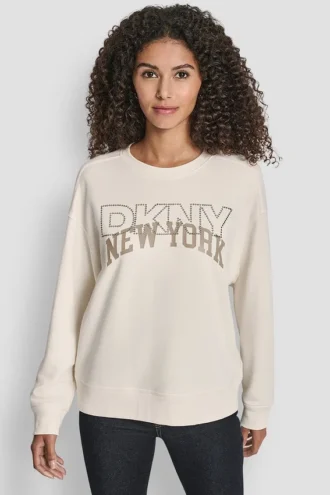 Sudadera de cuello redondo con el logotipo de DKNY impreso y bordado con pedrería