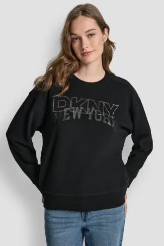 Sudadera de cuello redondo con el logotipo de DKNY impreso y bordado con pedrería