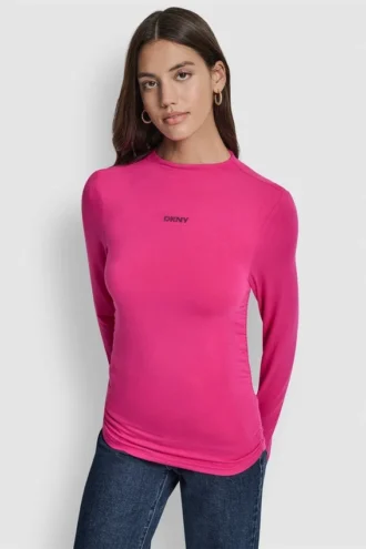 Top de manga larga con cuello alto y fruncido lateral con Pedrería