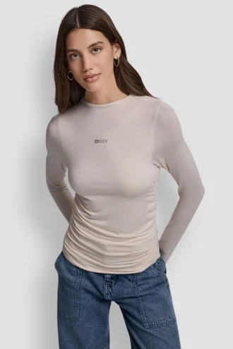 Top de manga larga con cuello alto y fruncido lateral con Pedrería
