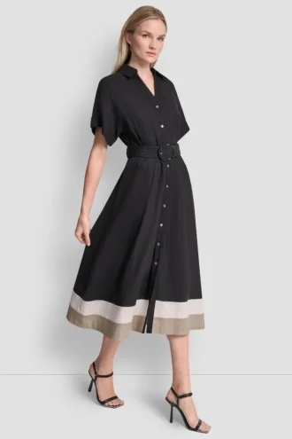 Vestido camisero midi ajustado y acampanado con bloques de color