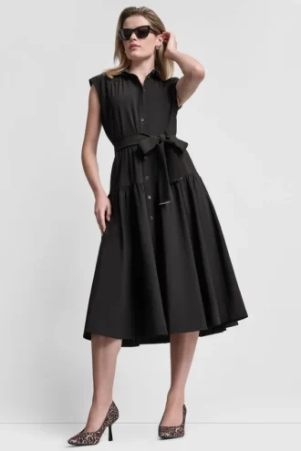 Vestido camisero midi con mangas casquillo y corte acampanado