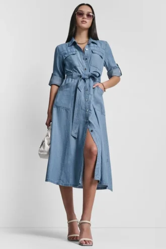 Vestido cargo de manga larga con lengüetas enrollables de Tencel