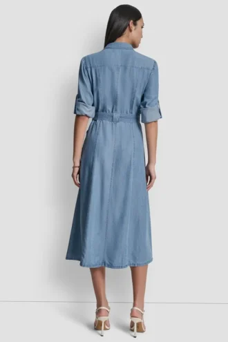 Vestido cargo de manga larga con lengüetas enrollables de Tencel