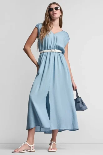 Vestido con cuello en V fruncido y lazo en la cintura