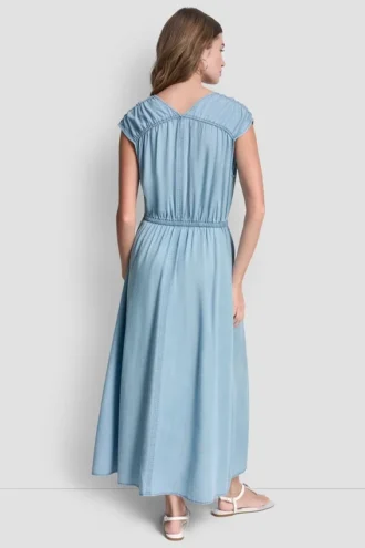 Vestido con cuello en V fruncido y lazo en la cintura