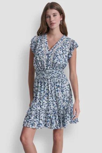 Vestido con cuello en V y cintura fruncida