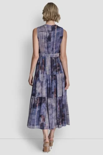 Vestido midi de gasa plisada con lazo en la cintura
