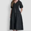 Vestido midi de punto elástico con cuello Henley y mangas abullonadas Vestido midi de punto elástico con cuello Henley y mangas abullonadas