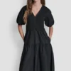 Vestido midi de punto elástico con cuello Henley y mangas abullonadas Vestido midi de punto elástico con cuello Henley y mangas abullonadas