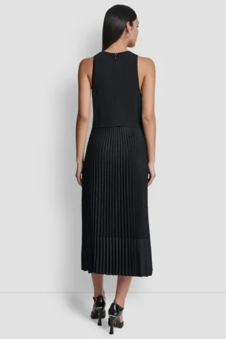 Vestido midi plisado de mezcla de tejidos