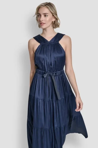 Vestido midi plisado de satén con lazo en la cintura
